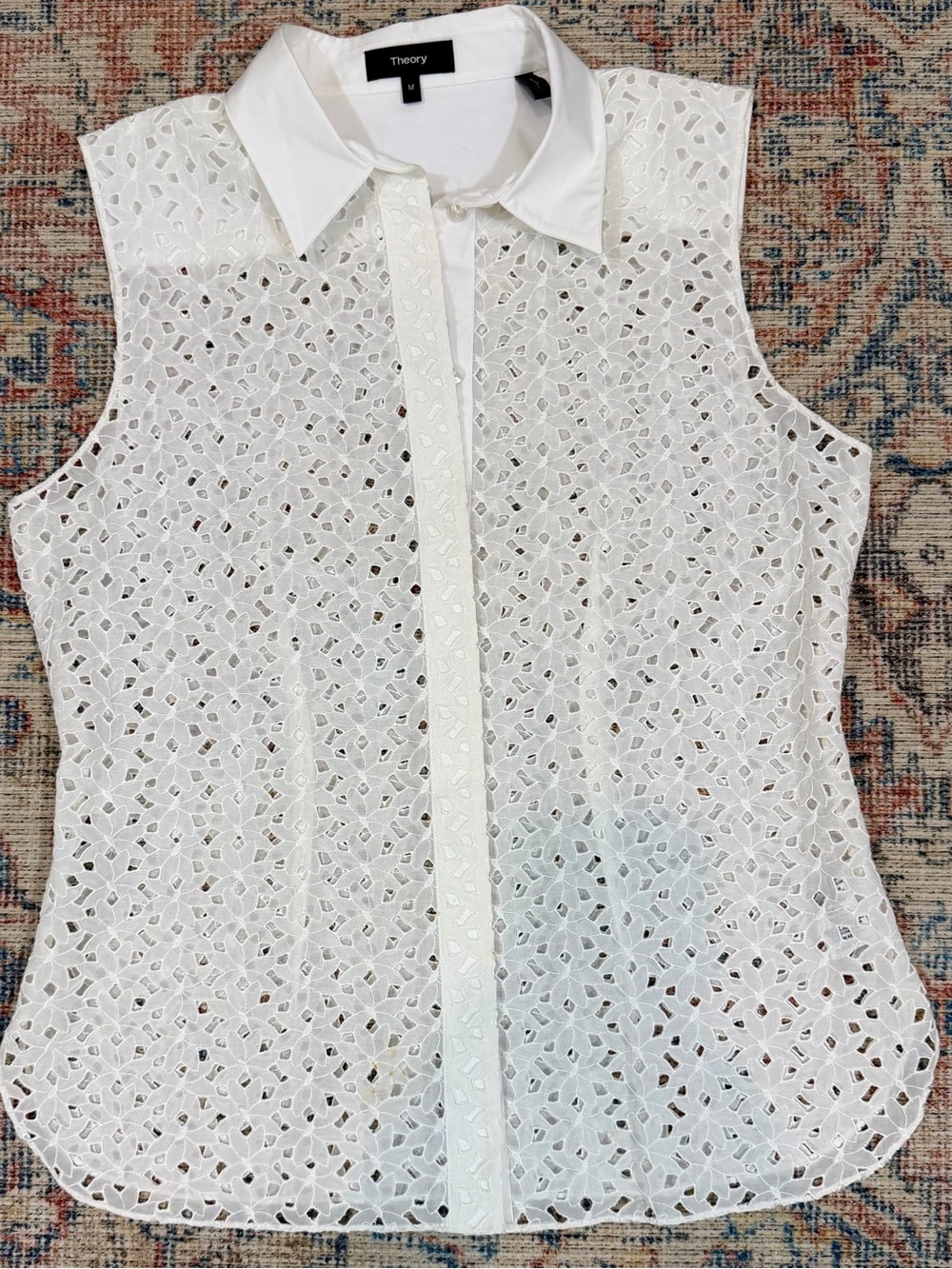 Theory Cotton Silk Eyelet Lace Dainty Sleeveless Button Front Blouse White M - Picture 2 of 9